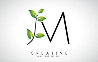 Leaf Letter M Logo Design with Green Leaves on a Branch. Letter M with nature concept. vector