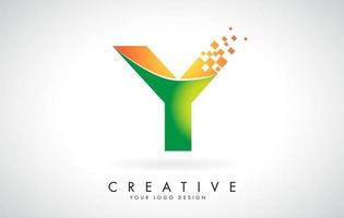 Letter Y Logo Design in Bright Colors with Shattered Small blocks on white background.