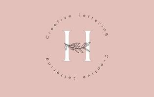 White Letter H Logo with circle lettering design and outline leaves and pastel backgound. vector