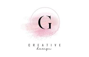 G letter logo design with glittery round frame and pink watercolor background. vector