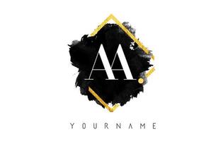 Black ink Stroke of double AA A Letters Logo Design with Golden Square Frame. vector