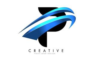 P Letter logo with blue gradient swash design. vector