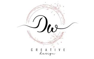 Handwritten Dw D w letter logo with sparkling circles with pink glitter. vector