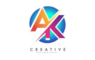 Colorful AK A K Letter Logo Design with a Creative Cut and Gradient Blue Rounded Background. vector