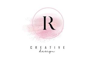 R letter logo design with glittery round frame and pink watercolor background. vector