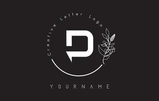 Creative initial letter D logo with lettering circle hand drawn flower element and leaf. vector
