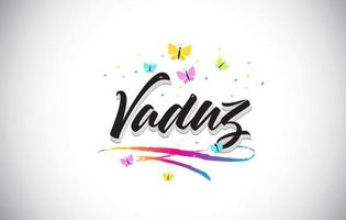 vaduz texto manuscrito de la palabra del vector con las mariposas y el swoosh colorido.