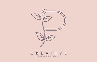 Outline Leaf Letter P Logo Design with Leaves on a Branch and Pink Background. Letter P with nature concept. vector