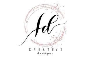 Handwritten ID I D letter logo with sparkling circles with pink glitter. vector