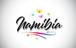 Namibia texto manuscrito de la palabra del vector con las mariposas y el swoosh colorido.