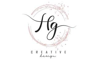 Handwritten HG H G letter logo with sparkling circles with pink glitter. vector