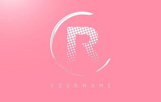 White R letter logo design with white dots and white circle frame on pink background. vector