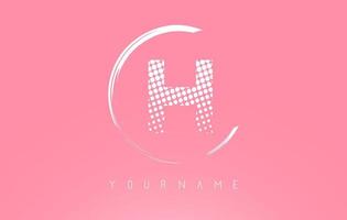 White H letter logo design with white dots and white circle frame on pink background. vector