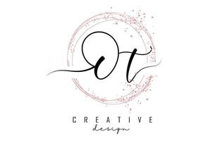 Handwritten Ot O t letter logo with sparkling circles with pink glitter. vector