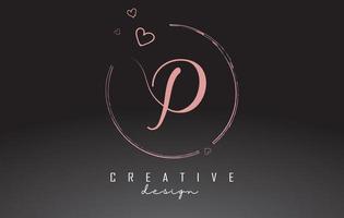 Handwritten P Letter Logo Design with Dust Pink Watercolor Ring and Outline Hearts. vector