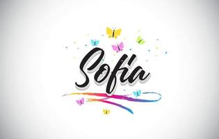 Sofia Handwritten Vector Word Text with Butterflies and Colorful Swoosh.