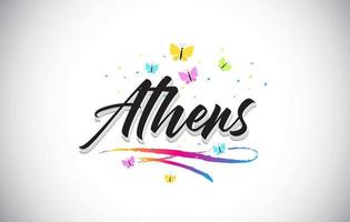 Athens Handwritten Vector Word Text with Butterflies and Colorful Swoosh.