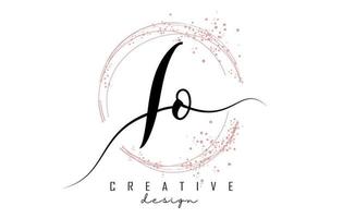 Handwritten IO I O letter logo with sparkling circles with pink glitter. vector