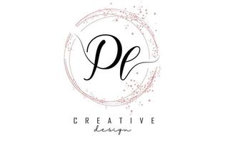 Handwritten PL P L letter logo with sparkling circles with pink glitter. vector