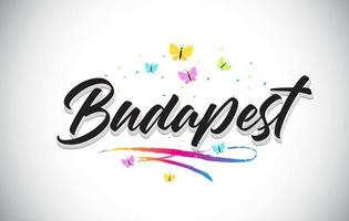 Budapest Handwritten Vector Word Text with Butterflies and Colorful Swoosh.