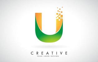 Letter U Logo Design in Bright Colors with Shattered Small blocks on white background. vector