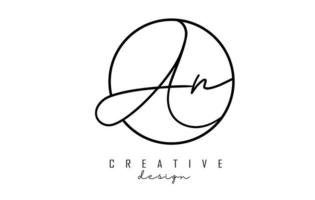 Handwriting letters AN A N logo design with simple circle vector illustration.