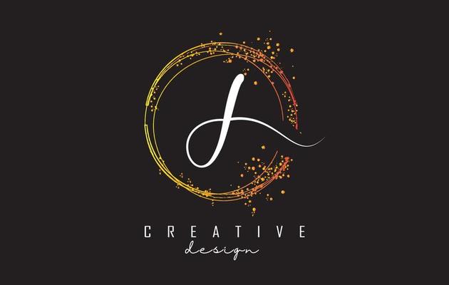 Golden sparkling circles and glitter frame for handwriting J letter logo.
