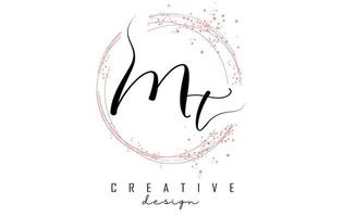 Handwritten MT M T letter logo with sparkling circles with pink glitter. vector