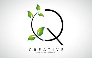 Leaf Letter Q Logo Design with Green Leaves on a Branch. Letter Q with nature concept. vector