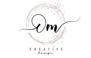 Handwritten Om O m letter logo with sparkling circles with pink glitter. vector