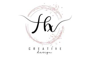 Handwritten HX H X letter logo with sparkling circles with pink glitter. vector