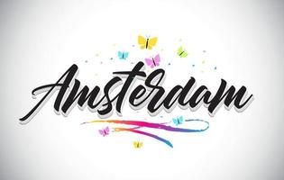 Amsterdam Handwritten Vector Word Text with Butterflies and Colorful Swoosh.