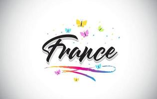 France Handwritten Vector Word Text with Butterflies and Colorful Swoosh.