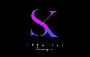 Colorido rosa y azul sk sk letras diseño logo concepto de logotipo con fuente serif y estilo elegante ilustración vectorial. vector