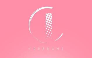 White I letter logo design with white dots and white circle frame on pink background. vector