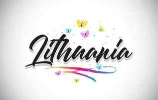 Lithuania Handwritten Vector Word Text with Butterflies and Colorful Swoosh.