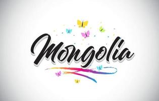 Mongolia texto manuscrito de la palabra del vector con las mariposas y el swoosh colorido.