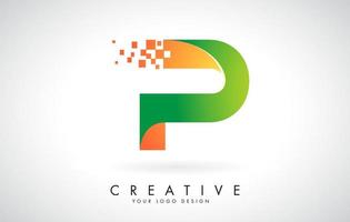 Letter P Logo Design in Bright Colors with Shattered Small blocks on white background.
