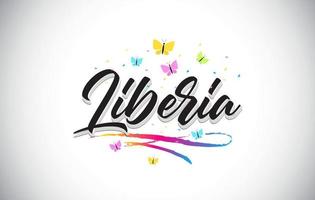 Liberia texto manuscrito de la palabra del vector con las mariposas y el swoosh colorido.