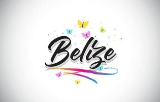 Belize Handwritten Vector Word Text with Butterflies and Colorful Swoosh.