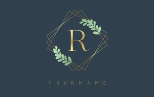 Golden Letter R Logo With golden square frames and green leaf design. Creative vector illustration with letter R.