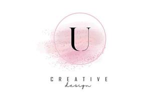 U letter logo design with glittery round frame and pink watercolor background. vector