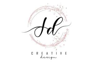 Handwritten JD J D letter logo with sparkling circles with pink glitter. vector