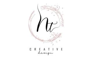 Handwritten NT N T letter logo with sparkling circles with pink glitter. vector