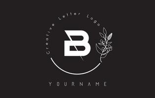 Creative initial letter B logo with lettering circle hand drawn flower element and leaf. vector
