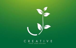 White Leaf Letter J Logo Design with Leaves on a Branch and Green Background. Letter J with nature concept. vector