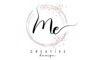 Handwritten ME M E letter logo with sparkling circles with pink glitter. vector