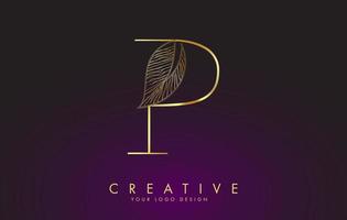 Outline Golden Letter P Logo icon with Wired Leaf Concept Design.
