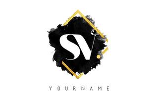 SV S V Letters Logo Design with Black ink Stroke over Golden Square Frame Vector. vector