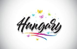 Hungary Handwritten Vector Word Text with Butterflies and Colorful Swoosh.